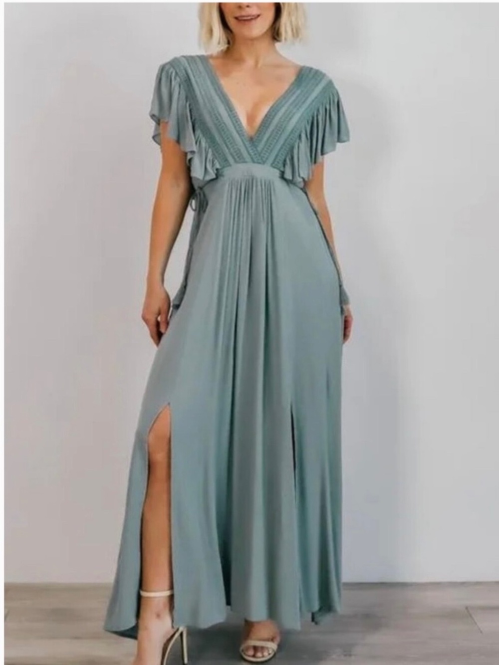 Baltic Born The Jennifer Deep V Maxi Dress Sage Green Tassel Tie Ruffle Detail
